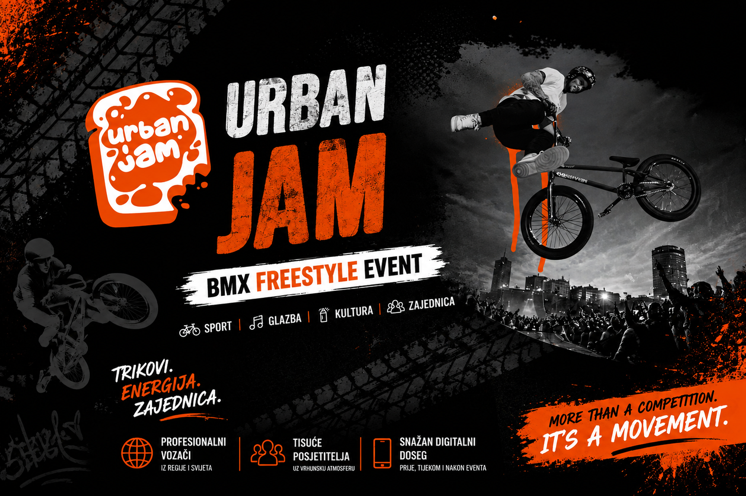 Urban Jam. BMX freestyle event. Trikovi. Energija. Zajednica. Profesionalni vozači iz regije i svijeta, tisuće posjetitelja i snažan digitalni doseg.